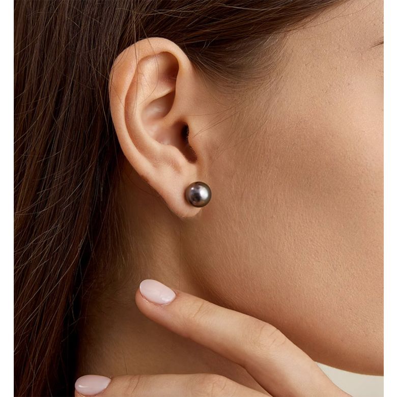 Boucles oreilles clous, or blanc - Perles de Tahiti noires, vertes - 9/10mm, GEMME - 3