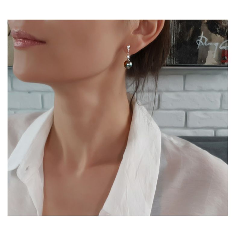 Boucles oreilles pendantes - Perles de Tahiti noires - Or blanc - Diamants - 2