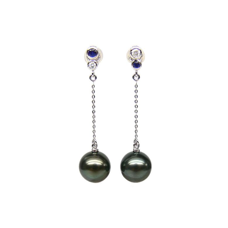 Boucles d'oreilles en or - Perles de Tahiti - Or blanc, diamants, saphirs - 1