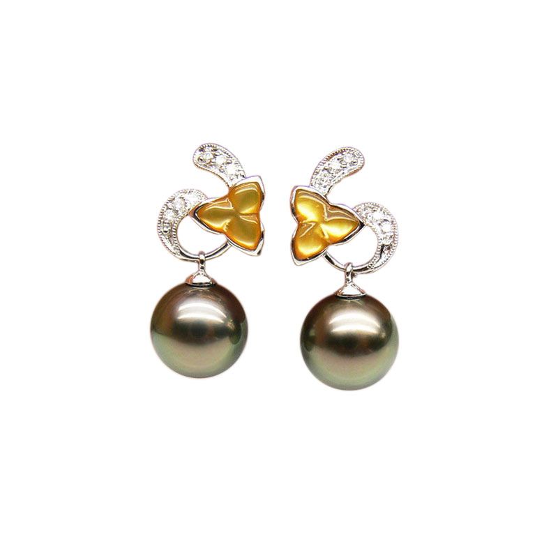 Boucles d'oreilles nacre doree - Perles de Tahiti - Or blanc, diamant - 1