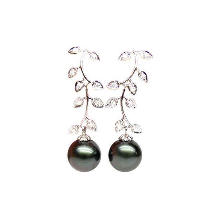 Boucles oreilles Nature - Perles de Tahiti noires - Or blanc, diamants - 1