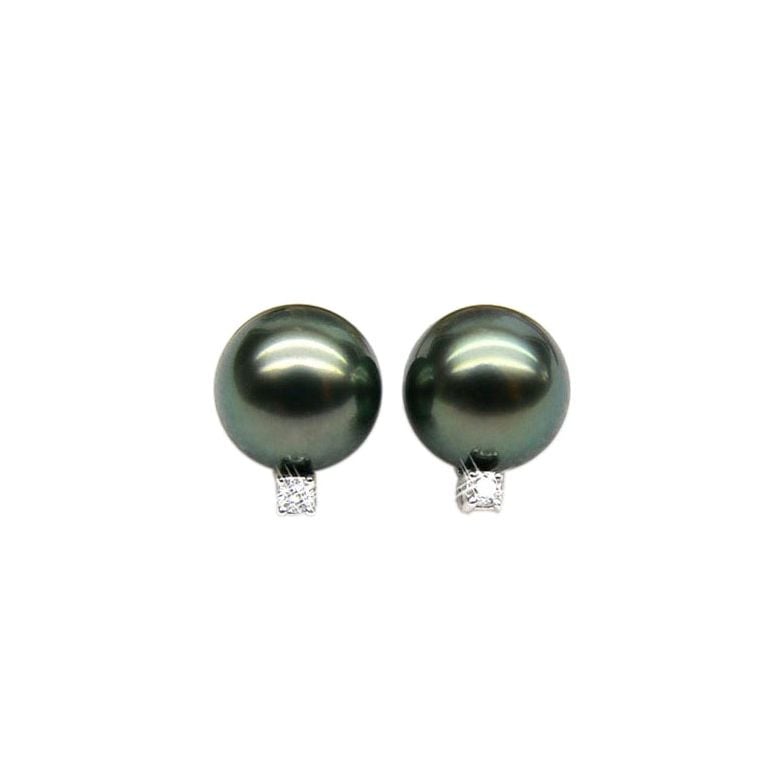 Boucles oreilles perles - Clous or blanc - Perle de Tahiti - Puces diamants - 1