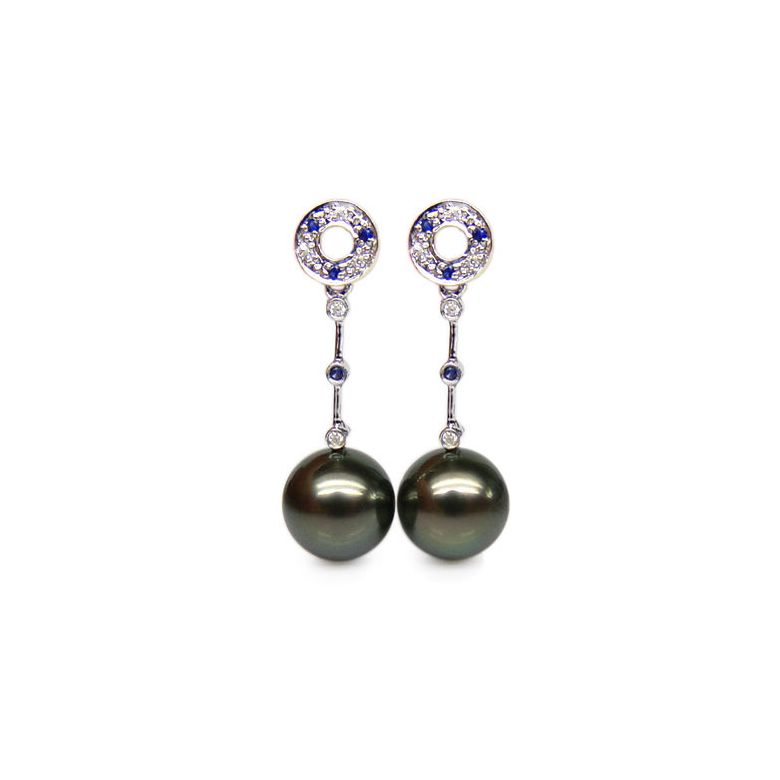 Boucles oreilles - Perles de Tahiti noires - Or blanc, diamants, saphirs - 1