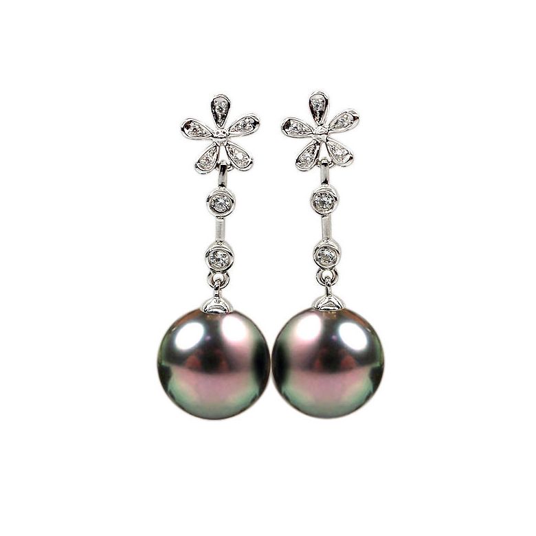 Création Boucles d'oreilles fleurs - Perles de Tahiti - Pendants or blanc, diamants - 1