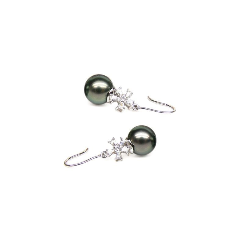 Boucles d'oreilles perles Tahiti - Création florale - Or blanc, diamants - 1
