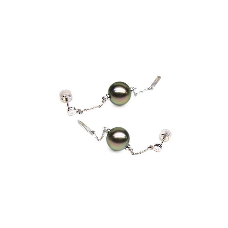Boucles oreilles perles de Tahiti - Chaine gourmette - Or blanc, diamants - 1