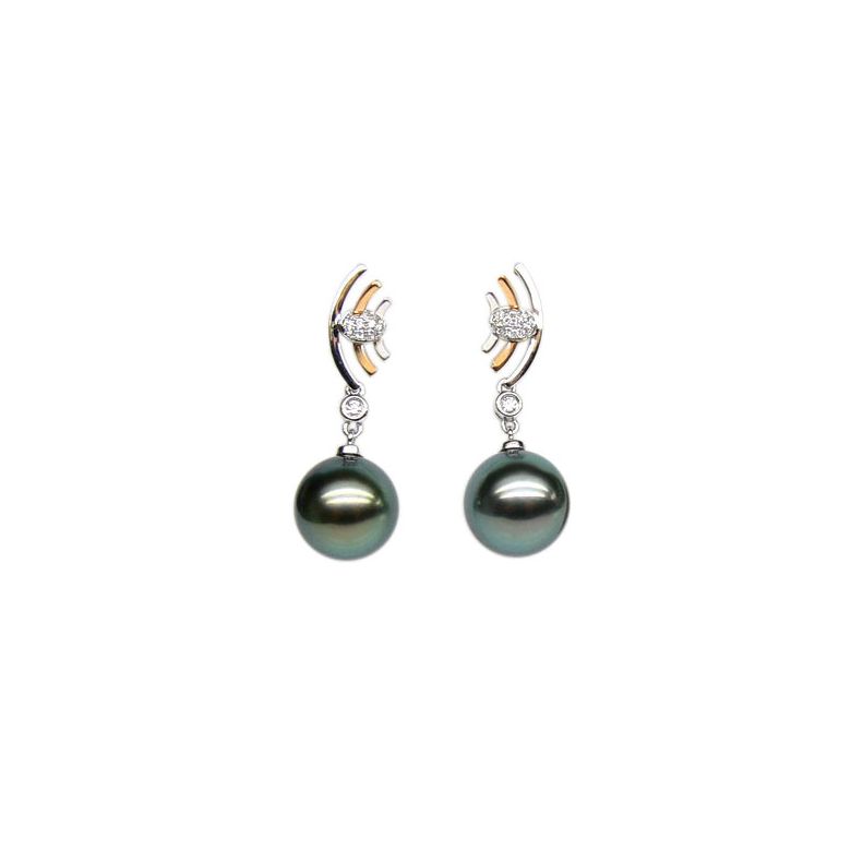 Boucles d'oreilles Marine - Perles de Tahiti noires - Or blanc, jaune - 2
