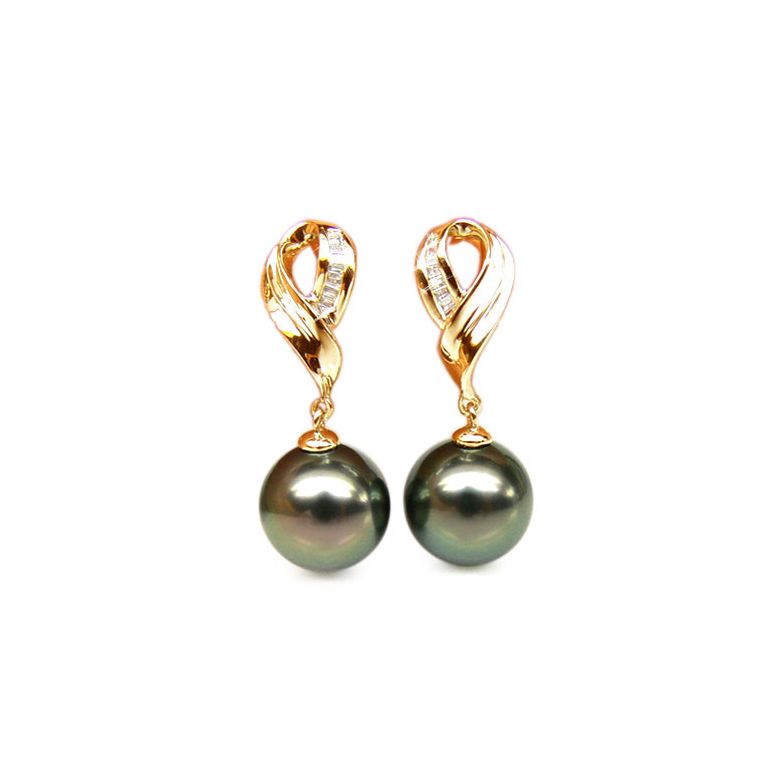 Boucles oreilles perles noires - Perle de Tahiti - Or jaune - Diamants sertis rails - 1