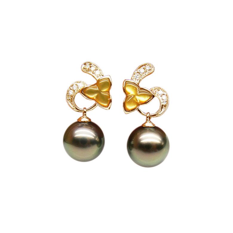 Boucles d'oreilles nacre dorée - Perles de Tahiti - Or jaune, diamant - 1