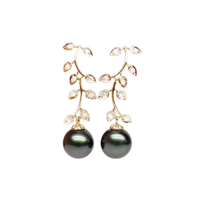 Boucles d'oreilles Nature - Perles de Tahiti noires - Or jaune, diamants - 1