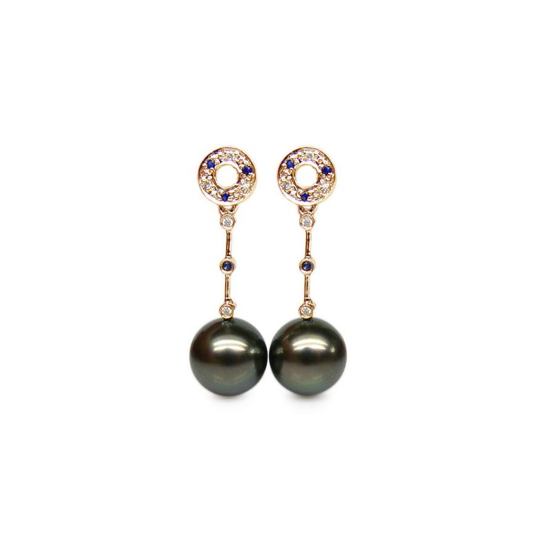 Boucles oreilles - Perles de Tahiti noires - Or jaune, diamants, saphirs - 1