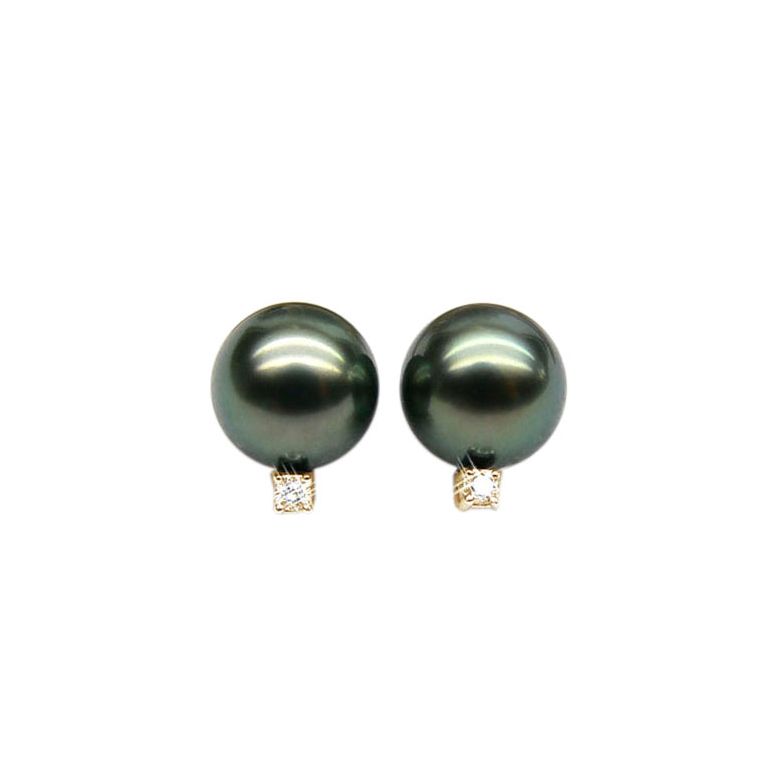 Boucles oreilles perles - Clous or jaune - Perle de Tahiti - Puces diamants - 1