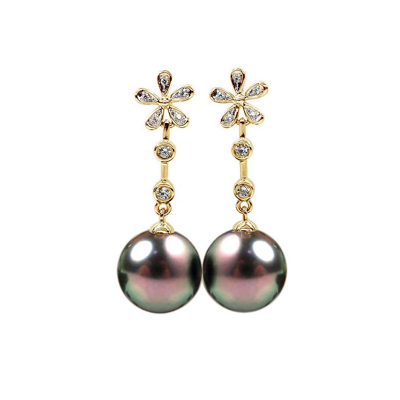 Création Boucles d'oreilles fleurs - Perles de Tahiti - Pendants or jaune, diamants - 1
