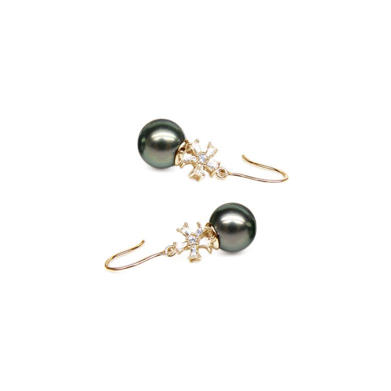 Boucles d'oreilles perles Tahiti - Création florale - Or jaune, diamants - 1