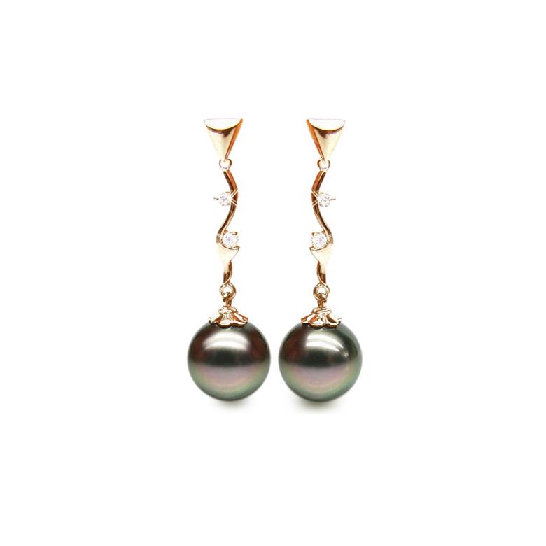 Boucles oreilles perles de Tahiti noires - Style contemporain - Or jaune - 1