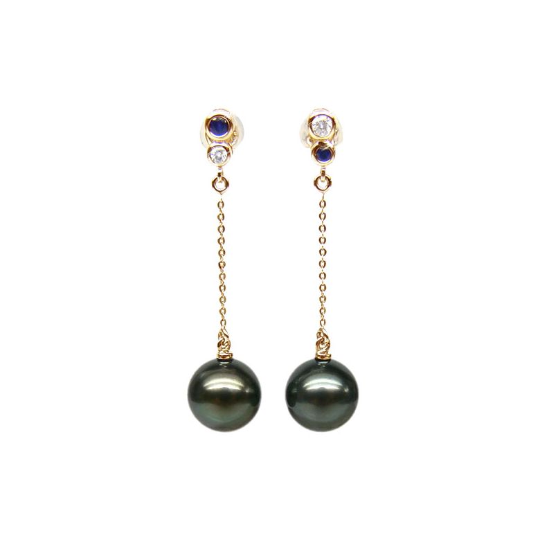 Boucles d'oreilles en or - Perles de Tahiti - Or jaune, diamants, saphirs - 1