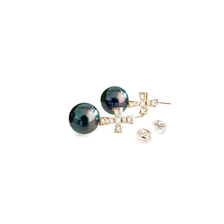 Boucles d'oreilles croix - Perles de culture - Tahiti - Or jaune - Diamants - 1