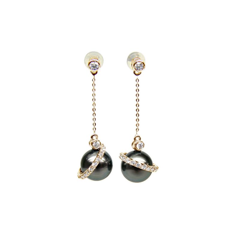 Boucles oreilles cercles diamantés - Perles de Tahiti noires - Or jaune - 4