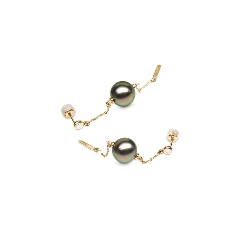 Boucles oreilles perles de Tahiti - Chaine gourmette - Or jaune, diamants - 1