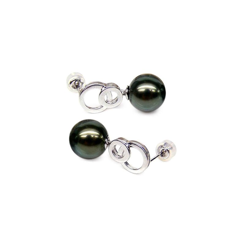 Boucles oreilles anneaux - Perles de Tahiti noires - Or blanc, Diamants - 1