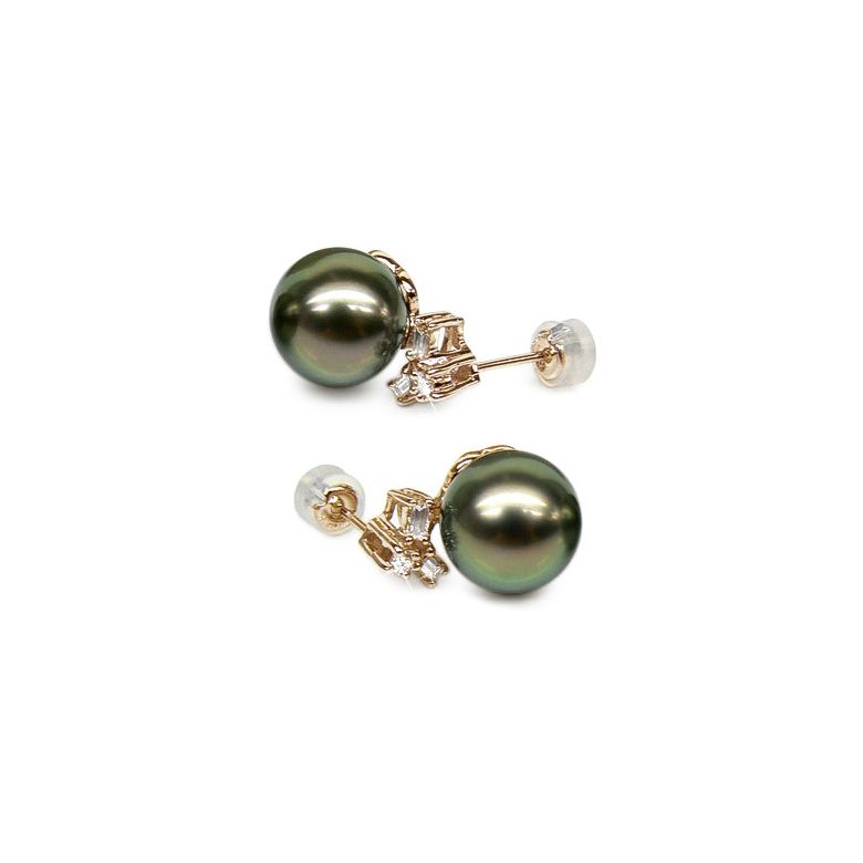 Boucles oreilles perles Tahiti - Or jaune - Diamants ronds, émeraudes - 1