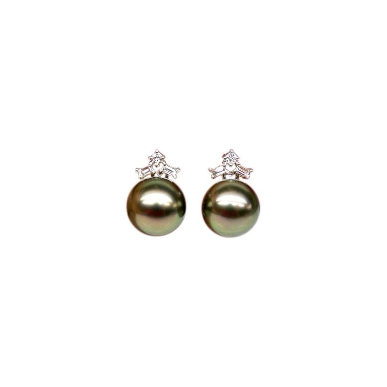 Boucles oreilles perles Tahiti - Or blanc - Diamants ronds, émeraudes - 1