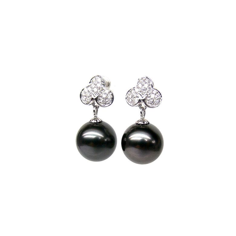 Boucles d'oreilles trèfles - Perles de Tahiti - Or blanc, diamants - 1