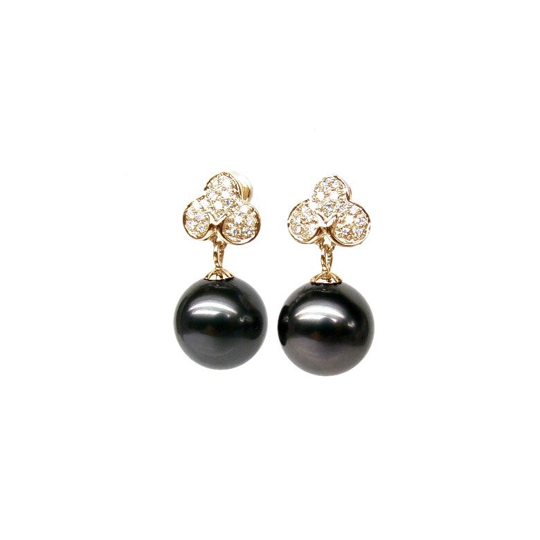 Boucles d'oreilles trèfles - Perles de Tahiti - Or jaune, diamants - 1