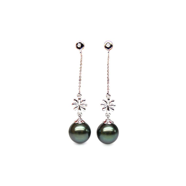 Boucles oreilles fleurs naturelles - Chainettes or blanc - Perles Tahiti - 1