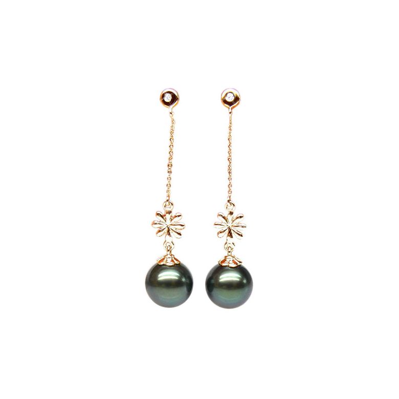 Boucles oreilles fleurs naturelles - Chainettes or jaune - Perles Tahiti - 1