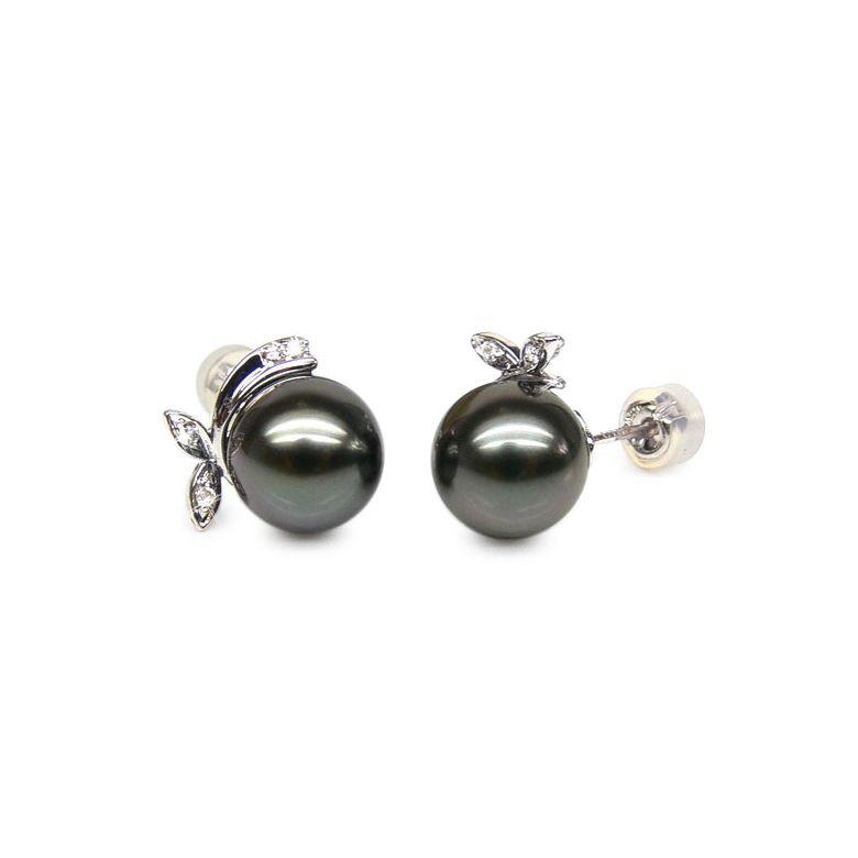 Boucles d'oreilles Bunny - Perles de Tahiti, or blanc, diamants sertis - 1