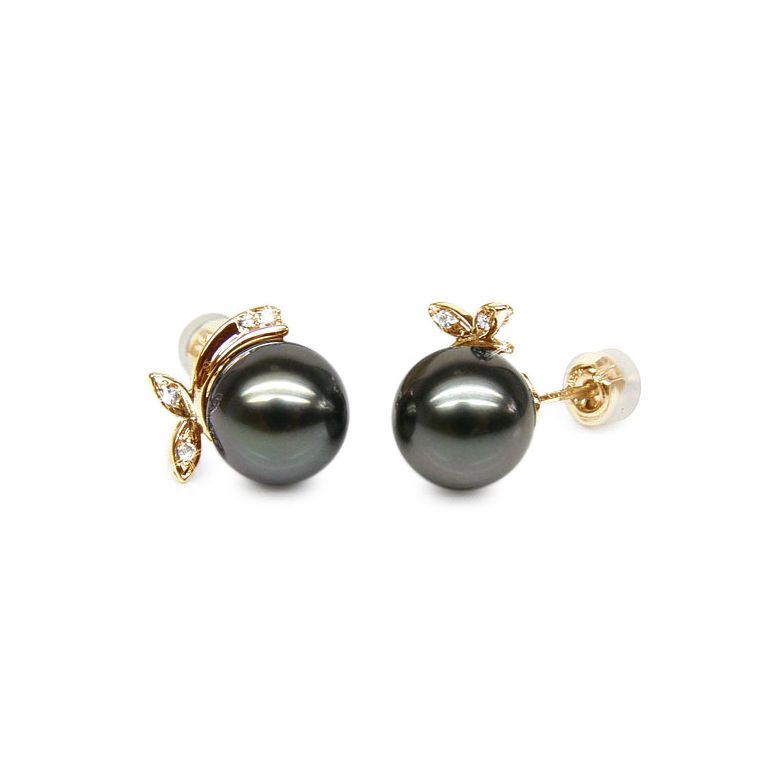 Boucles d'oreilles Bunny - Perles de Tahiti, or jaune, diamants sertis - 1