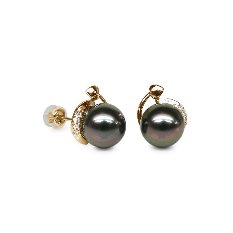 Boucles oreilles couronnes or jaune - Perles de Tahiti, diamants sertis - 1
