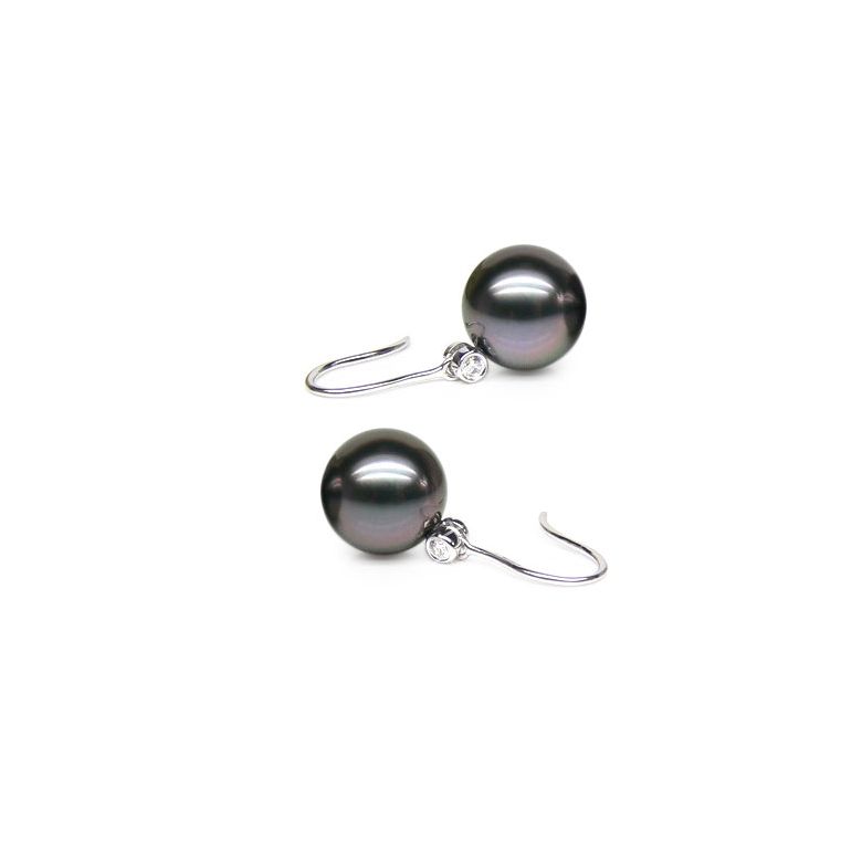Boucles oreilles crochets - Perles de Tahiti - Or blanc, diamant - 1