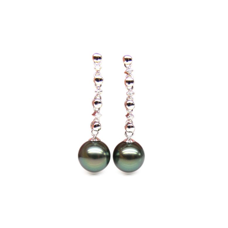 Boucles oreilles chainettes - Perles de Tahiti - or blanc, diamants - 1
