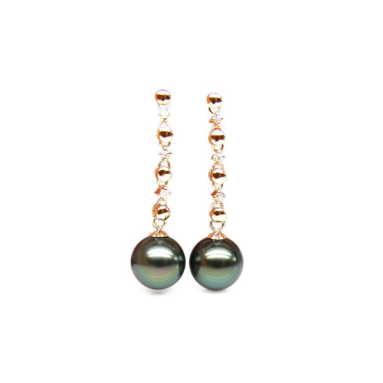 Boucles oreilles chainettes - Perles de Tahiti - or jaune, diamants - 1