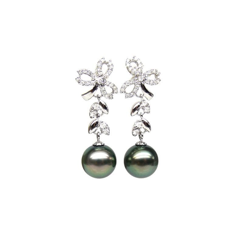 Boucles oreilles or blanc - Perles de Tahiti - Diamants - Composition florale - 1