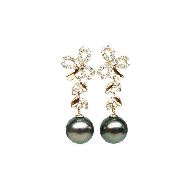 Boucles oreilles or jaune - Perles de Tahiti - Diamants - Composition florale - 1