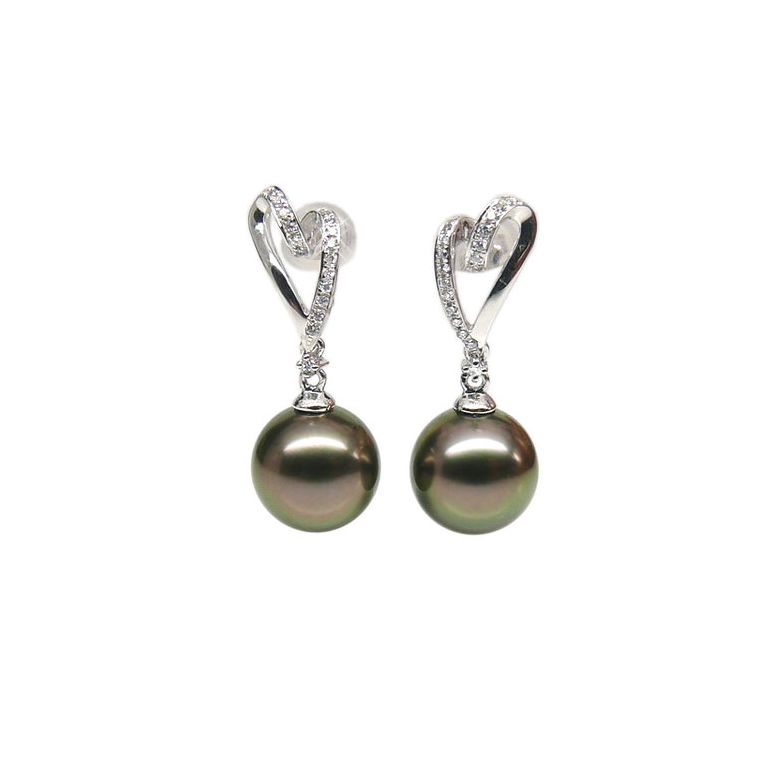 Boucles oreilles coeurs - Perles de Tahiti paons aubergines - Or blanc - 1