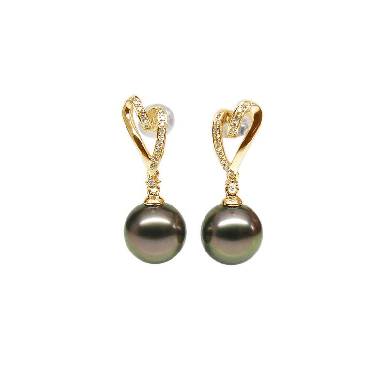 Boucles oreilles coeurs - Perles de Tahiti paons aubergines - Or jaune - 1