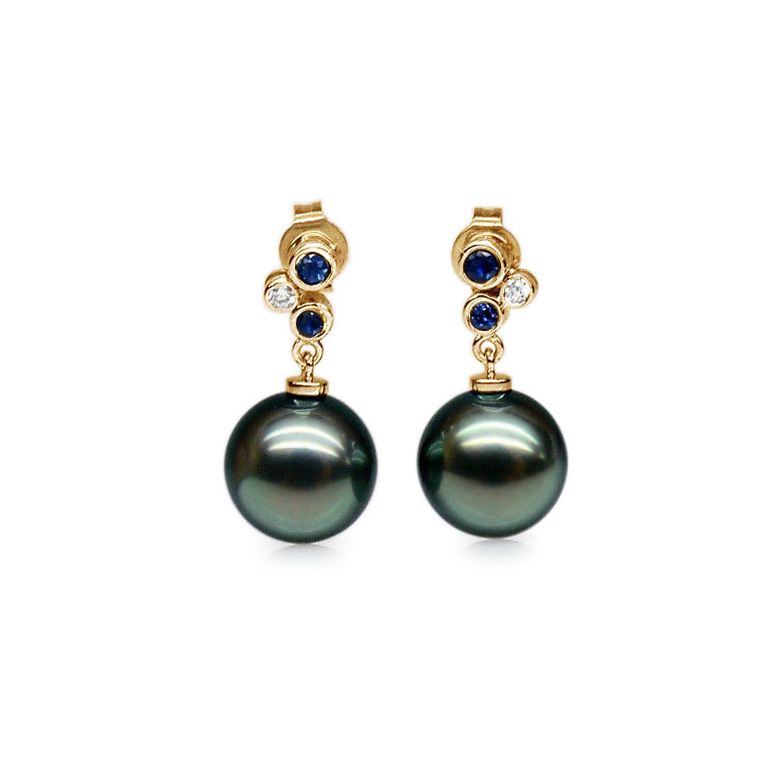Boucles d'oreilles - Or jaune - Perles de Tahiti - Saphirs - Diamants - 1