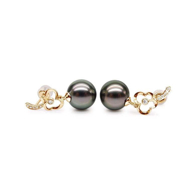 Boucles oreilles fleurs - Pendants perles de Tahiti - Or jaune, diamants - 1