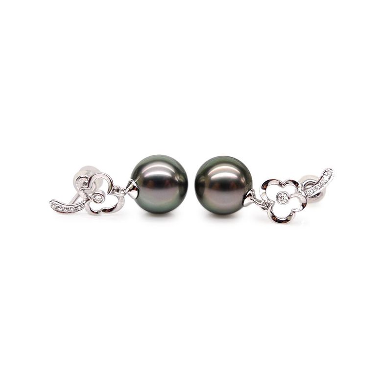 Boucles oreilles fleurs - Pendants perles de Tahiti - Or blanc, diamants - 1