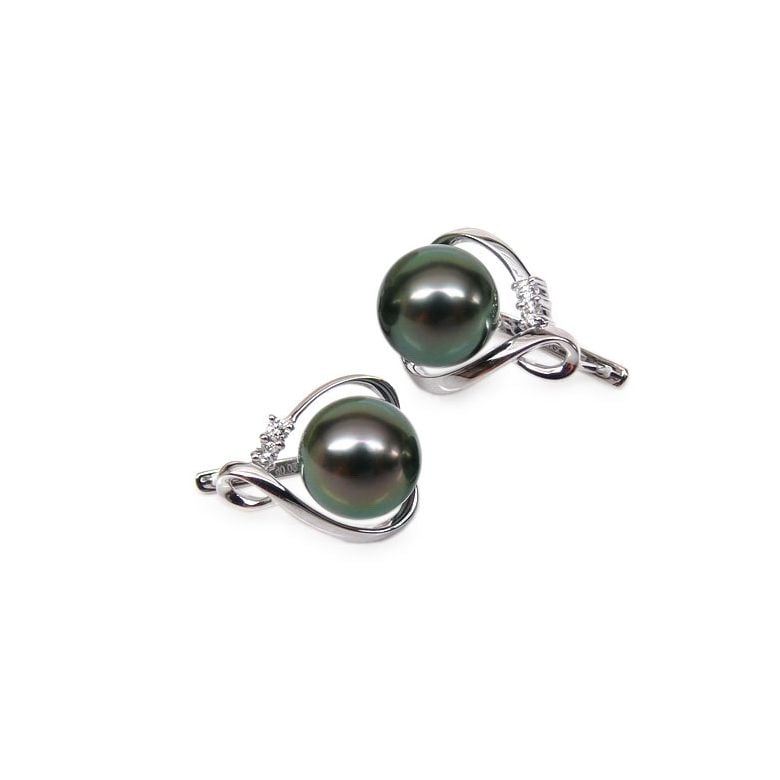 Boucles oreilles dormeuses clips - Perles de Tahiti - Or blanc, diamants - 1