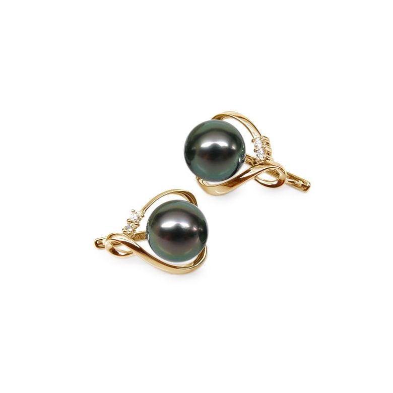 Boucles oreilles dormeuses clips - Perles de Tahiti - Or jaune, diamants - 1