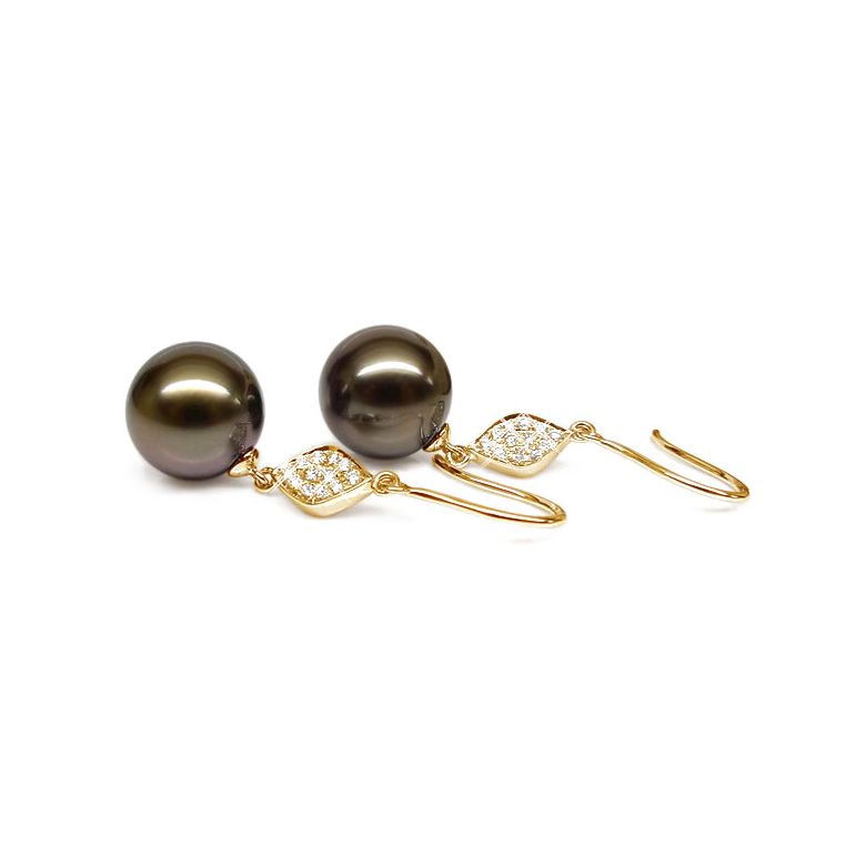 Boucles oreilles - Crochets perles de Tahiti -  Or jaune, diamants pavés - 2