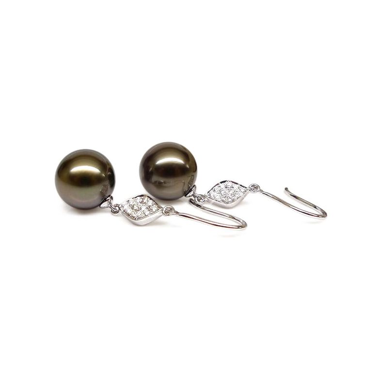 Boucles oreilles - Crochets perles de Tahiti -  Or blanc, diamants pavés - 1