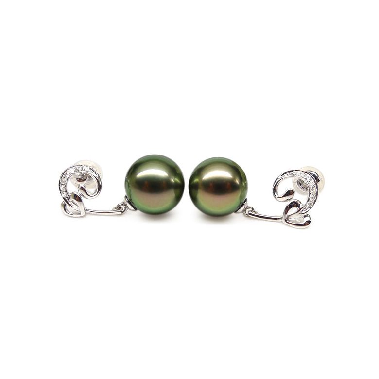 Boucles oreilles coeur - Pendants or blanc - Perles de Tahiti - Diamants - 1
