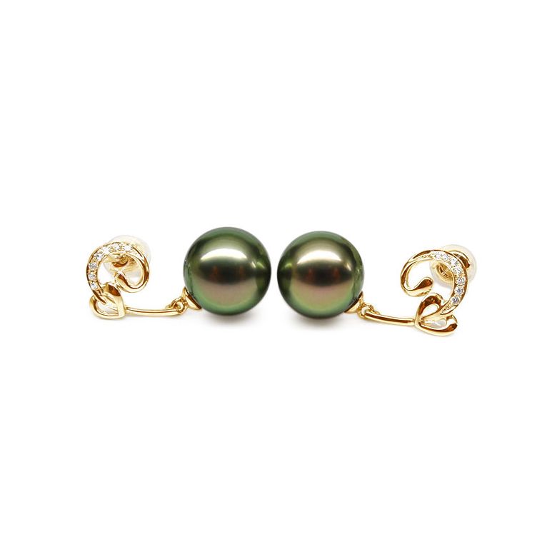 Boucles oreilles coeur - Pendants or jaune - Perles de Tahiti - Diamants - 1