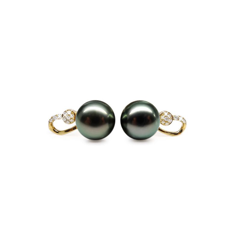 Boucles oreilles - Pendants perles Tahiti noires - Or jaune, diamants - 1